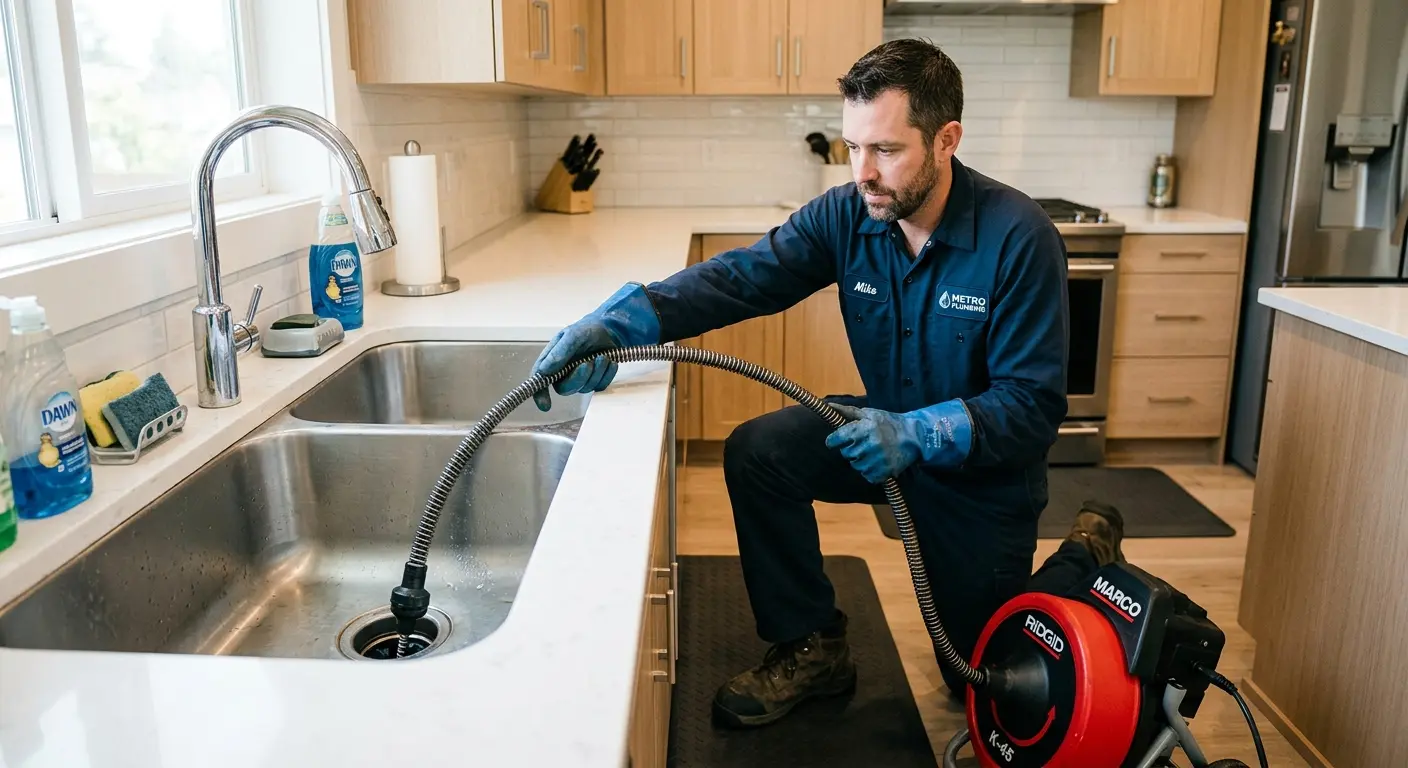 Drain cleaning technician using a motorized snake on a kitchen sink in Pearl City