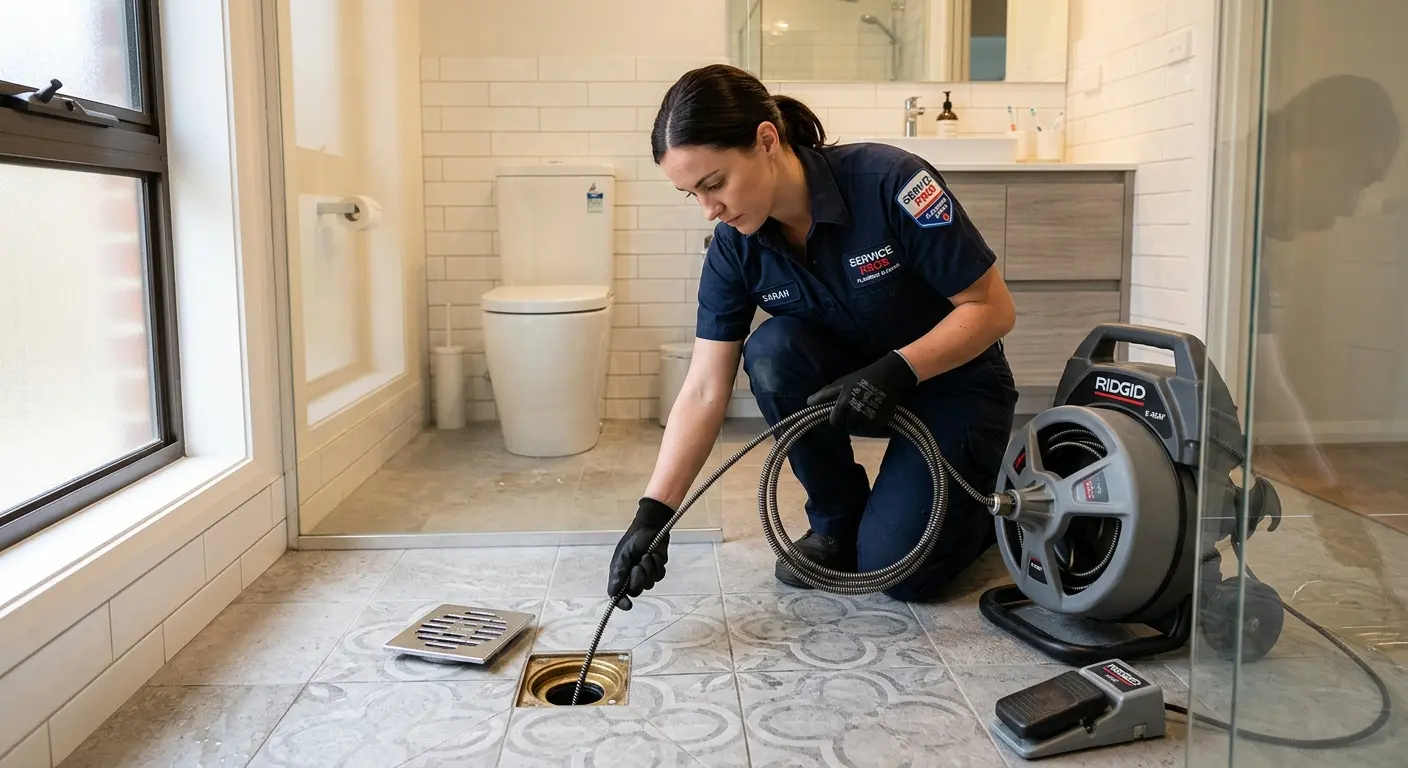 Technician clearing a bathroom floor drain for Drain Cleaning in Pearl City